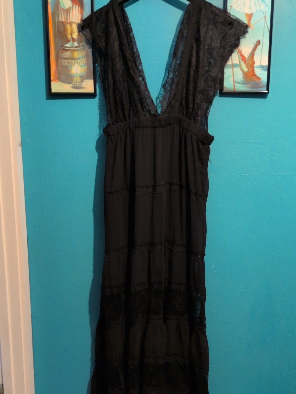Anthropologie Black Lace V-Neck Maxi Dress with Tiered Skirt